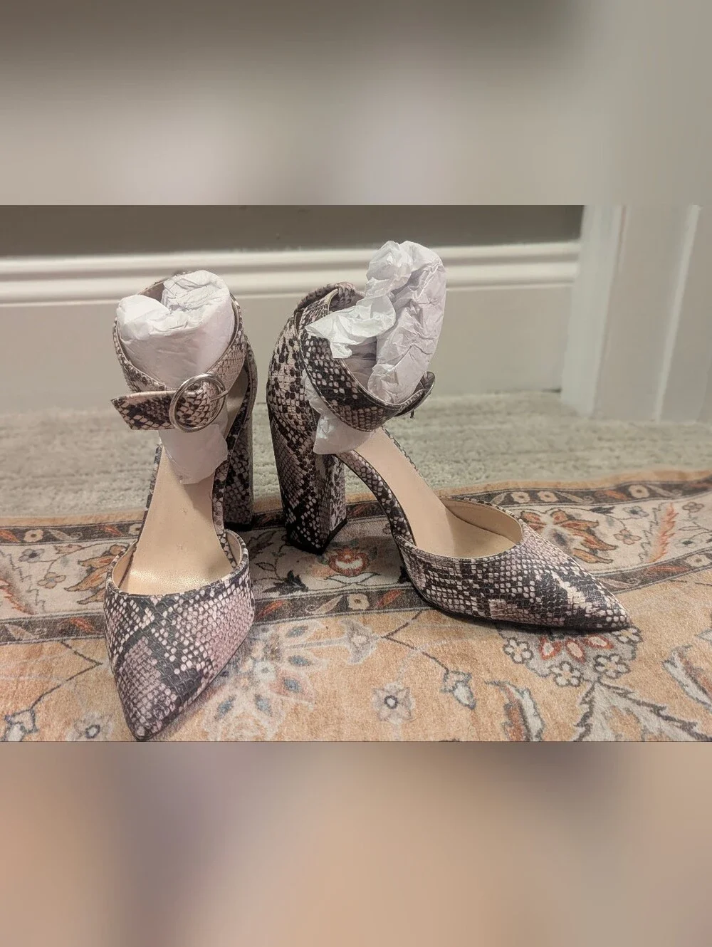 Snake Print Ankle Strap Block Heels